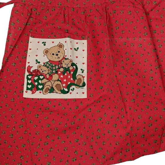 Vintage Christmas Apron Red Teddy Bears Green Holly Waist Gourmet Gallery - Picture 4 of 5
